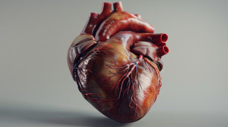 Close-up of a healthy human heart model isolated on a medical background, illustrating cardiac anatomy.の素材
