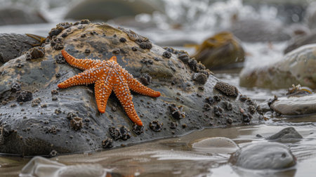 Close-up of a starfish clinging to a rock in a tide pool, exposed during low tide.の素材