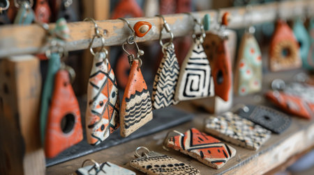 Close-up of artisan handcrafted clay earrings in unique shapes and patterns.の素材