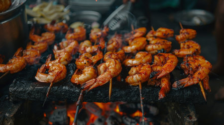 Close-up of a street food vendor grilling marinated shrimp on skewers over charcoal.の素材