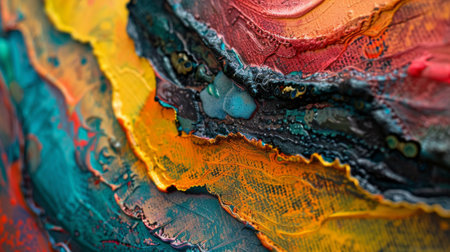 Close-up of a textured abstract background with layers of acrylic paint and mixed media.の素材