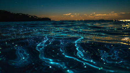 Close-up of bioluminescent plankton lighting up the water's surface at night.の素材