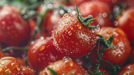 Close-up of cherry tomatoes with water droplets on them, freshly washed and vibrant.の素材