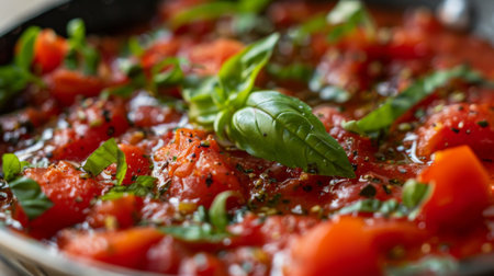Close-up of a tomato sauce simmering in a pan with herbs and spices.の素材