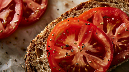 Close-up of a tomato sandwich with fresh slices on whole grain bread, ready to eat.の素材