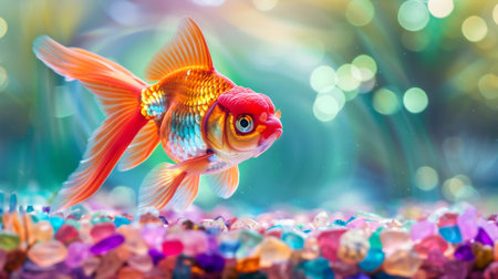 Close-up of a vibrant goldfish swimming gracefully in a clear glass aquarium with colorful gravel.の素材