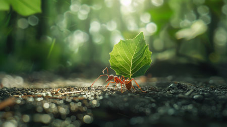Close-up of a single ant carrying a leaf on a forest floor, highlighting its strength and determination.の素材