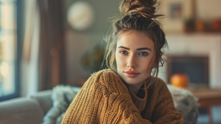 A young woman with a messy bun hairstyle, dressed casually in a cozy sweater, relaxing at home.の素材
