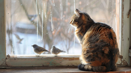 A fat cat sitting on a windowsill, staring curiously at birds outside.の素材