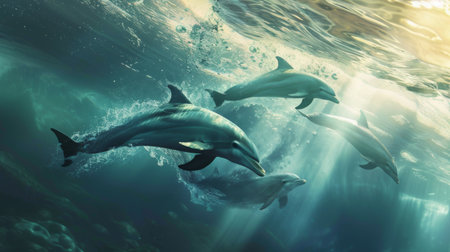 A group of dolphins swimming playfully underwater, framed by sunlight filtering through the wavesの素材