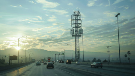 A cellphone tower next to a highway, with cars driving by and the tower looming overhead.の素材