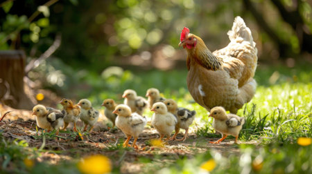 A group of fluffy chicks following their mother hen closely in a sunny poultry yard.の素材