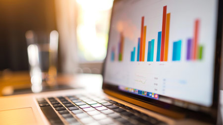 A close-up of a laptop screen displaying a colorful bar graph showing quarterly revenue.の素材