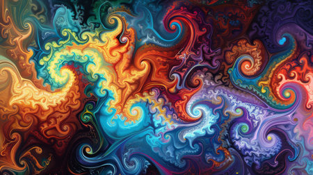 A psychedelic abstract artwork with swirling patterns and intense colors.の素材