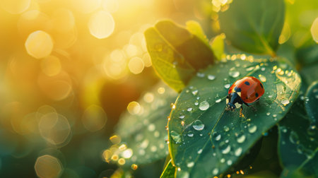 A ladybug crawling on a dewy green leaf in the morning sunlight.の素材