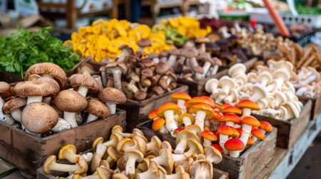 Different types of mushrooms displayed at a farmer's market stall, vibrant and colorful.の素材