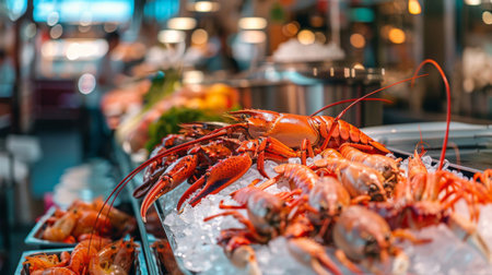 A seafood market stall with a display of fresh crabs, lobsters, and prawns on iceの素材