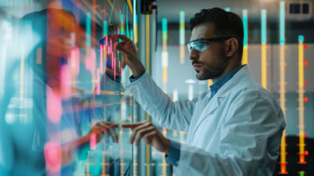 A scientist examining a bar graph of experimental results in a laboratory setting.の素材