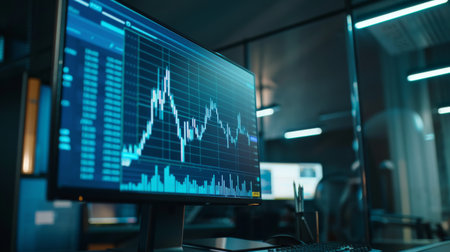 A stock market graph showing a steady rise, displayed on a large office monitor.の素材