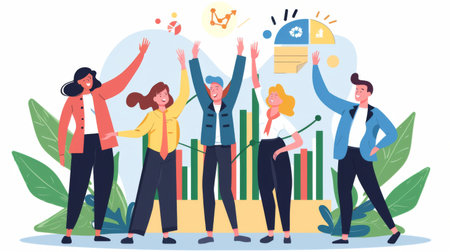 A group of colleagues celebrating positive business graph results with high-fives.の素材