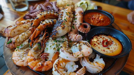 A seafood platter with grilled squid, octopus, shrimp, and fish served with dipping sauces.の素材