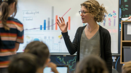 A teacher explaining a graph to students in a classroom setting.の素材