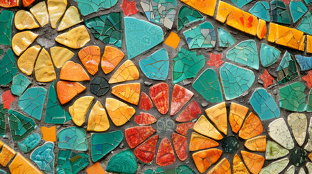 Close-up of a mosaic tile abstract pattern with intricate designs and vibrant colors.の素材