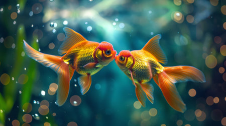 Close-up of a pair of goldfish swimming together, displaying their social behavior in captivity.の素材