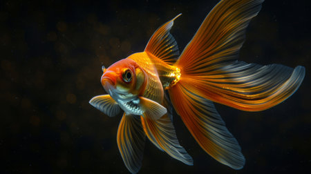 Close-up of a goldfish with long flowing fins and a distinctive color pattern, captured underwater.の素材