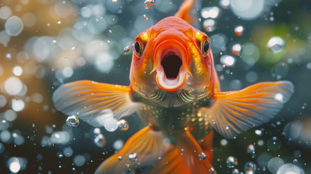 Close-up of a goldfish gulping air at the water's surface, showing its unique mouth structure.の素材
