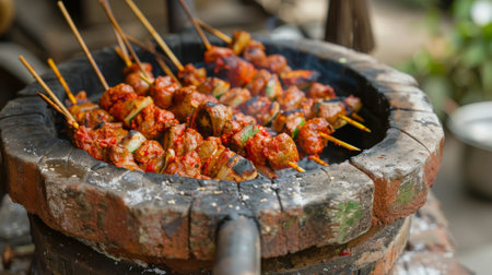 Close-up of a traditional clay tandoor oven with skewers of marinated kebabs cooking inside.の素材