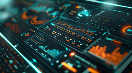 Close-up of a digital dashboard with real-time data analytics and interactive graphs.の素材