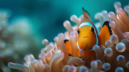 Close-up of a clownfish peeking out from an anemone in its natural habitat.の素材