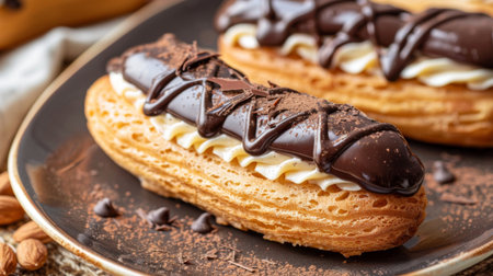 Close-up of a plate of eclairs filled with vanilla cream and topped with chocolate ganache.の素材