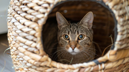 Close-up of a cat lounging inside a small, woven basket cat house.の素材