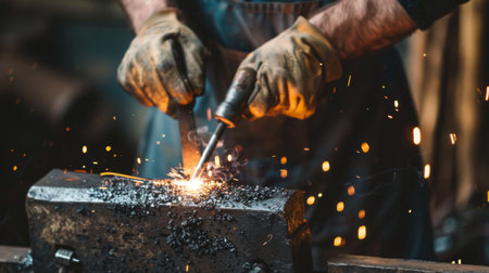 Close-up of a craftsman's hands welding metal pieces on an anvil with precision and skill.の素材