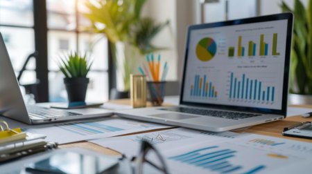 An office desk with printed graphs and charts spread out, alongside a laptop.の素材