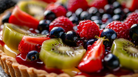 Close-up of a colorful fruit tart with glazed berries and kiwi slices on a pastry crust.の素材