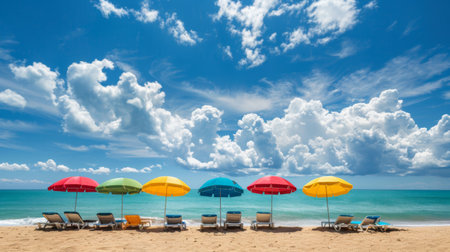 Beach umbrellas and lounge chairs lined up along the sandy shore, ready for vacationers.の素材