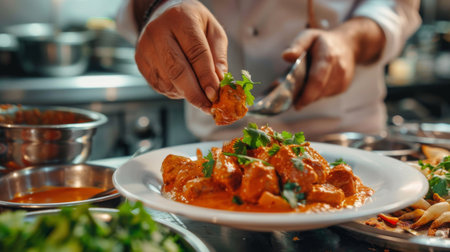 Close-up of a chef garnishing a plate of chicken tikka masala with cilantro in a restaurant kitchen.の素材