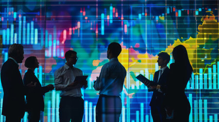 Businesspeople discussing stock market trends with graphs projected on a large screen.の素材