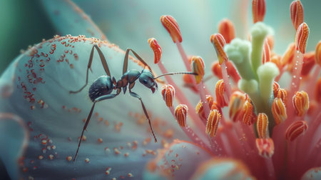 An ant exploring a flower petal, with the intricate details of the flower visible.の素材
