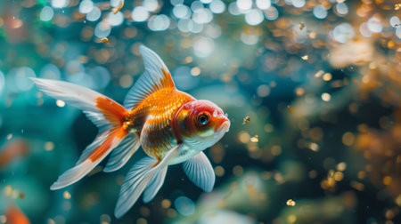 Close-up of a goldfish chasing after food flakes floating on the water's surface of an aquarium.の素材