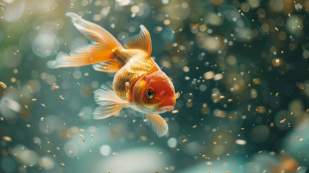 Close-up of a goldfish chasing after food flakes floating on the water's surface of an aquarium.の素材