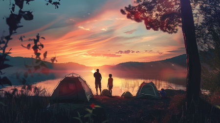 Adventurous family camping in a scenic national park, setting up tents near a tranquil lake at sunset.の素材