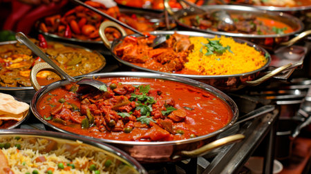 Close-up of a colorful spread of Indian curries, biryanis, and breads on a traditional dining table.の素材