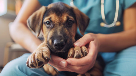 Close-up of a veterinarian examining the paws of a playful puppy for signs of injury or infection.の素材
