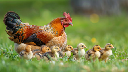 Close-up of a mother hen teaching her chicks how to peck for food in a grassy yard.の素材
