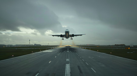 An airplane taking off from the runway, captured from a window seat perspective.の素材