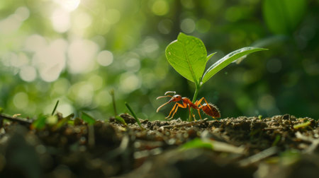 Close-up of a single ant carrying a leaf on a forest floor, highlighting its strength and determination.の素材